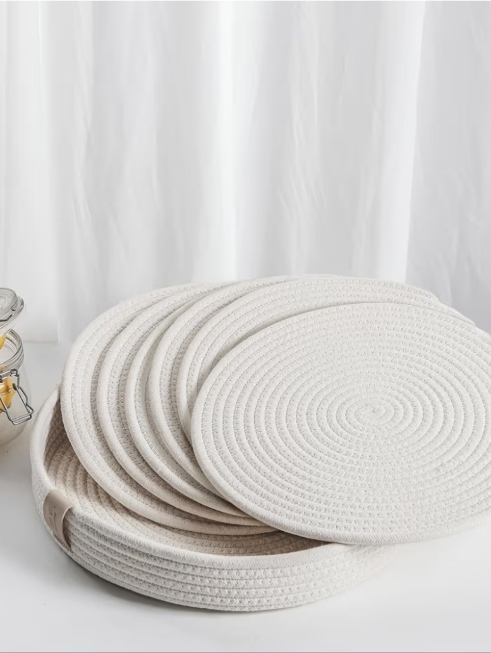 Woven Cotton Rope Round Placemats Set of 6 with Holder – 13 Inch Braided